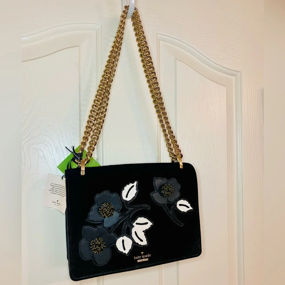 NEW! Kate Spade Cameron St Floral Embellish Marci Black Velvet Bag